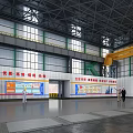 Industrial Factory Interior With Steel Structure Roof Large Windows Yellow Crane And Wall Signs