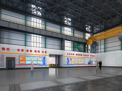 Industrial Factory Interior With Steel Structure Roof Large Windows Yellow Crane And Wall Signs 3d model