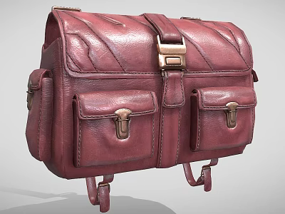 Burgundy Leather Bag With Double Front Pockets Metal Buckles And Shoulder Straps 3d model