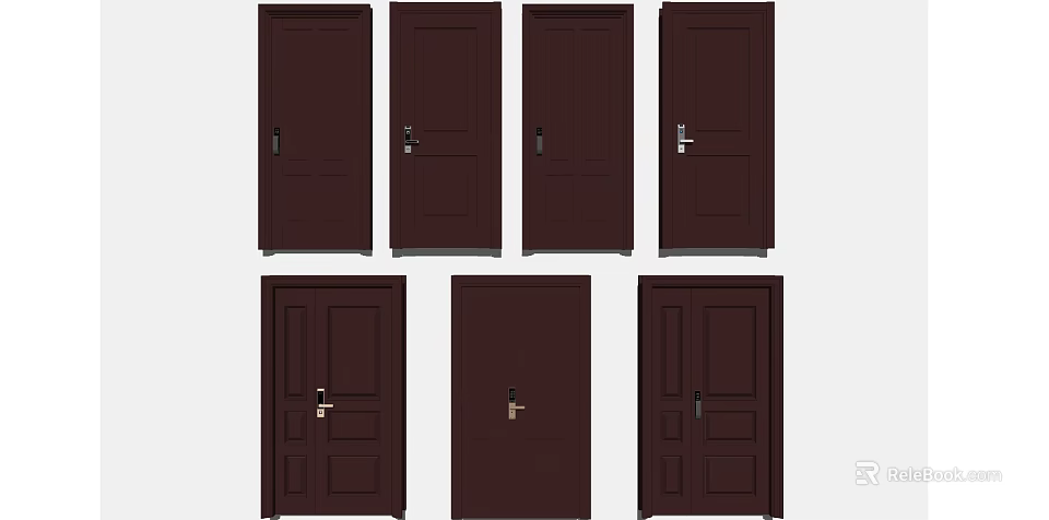 Various Dark Brown Security Doors With Single And Double Panel Designs And Secure Locks 3d model