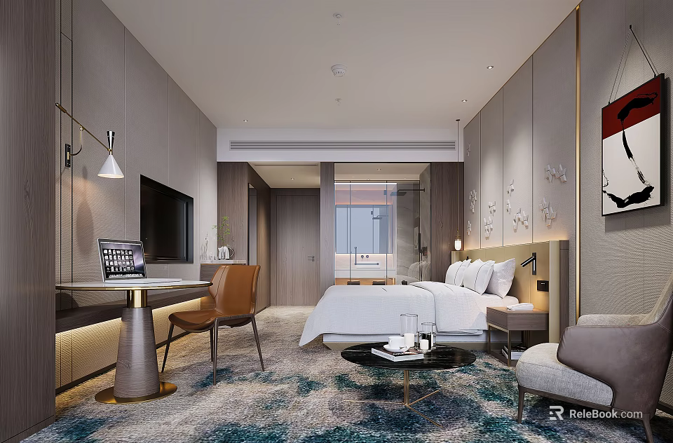Modern Hotel Room Interior With Comfortable Bed Sofa Table TV And Soft Carpet 3d model 