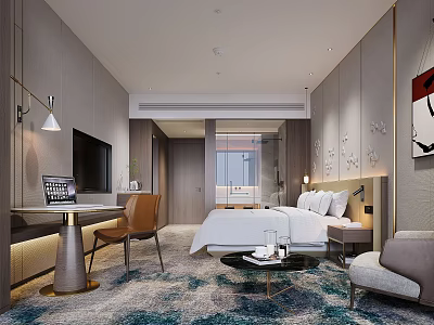Modern Hotel Room Interior With Comfortable Bed Sofa Table TV And Soft Carpet 3d model