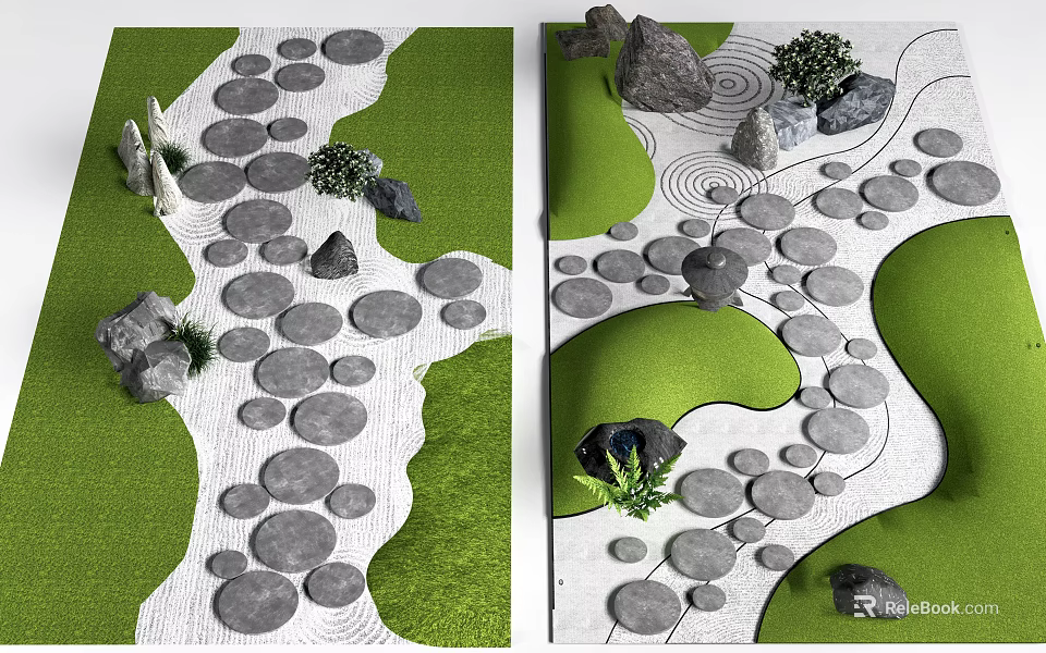 Rustic Outdoor Stone Wood Pathway Design With Circular Stones Green Lawn And Plants 3d model 