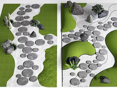 Rustic Outdoor Stone Wood Pathway Design With Circular Stones Green Lawn And Plants 3d model