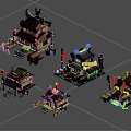 Cartoon Ancient Chinese Buildings 3D Rendered With Red Golden Roofs Curved Eaves Multiple Small Structures