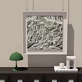 Green And White Abstract Painting With Textured Organic Patterns Framed On Beige Wall