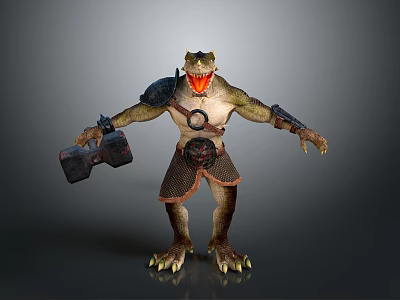 Crocodile Headed Monster 3D Model With Open Mouth Armor And Weapon 3d model