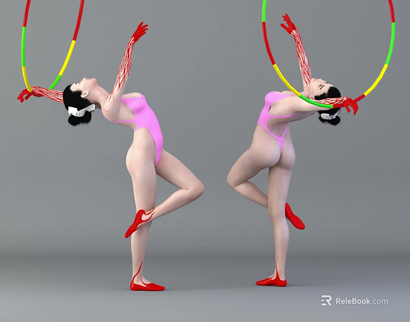 Woman Doing Difficult Gymnastics Moves With Hula Hoops In Pink Leotard Red Shoes And Gloves 3d model 