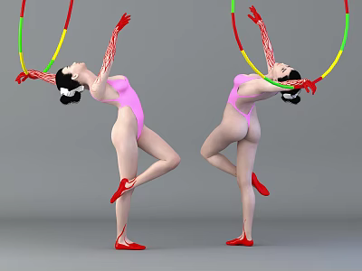 Woman Doing Difficult Gymnastics Moves With Hula Hoops In Pink Leotard Red Shoes And Gloves 3d model
