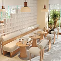 Bubble Tea Shop Modern Interior With White Lattice Partition Hanging Pendant Lights And Cozy Seating