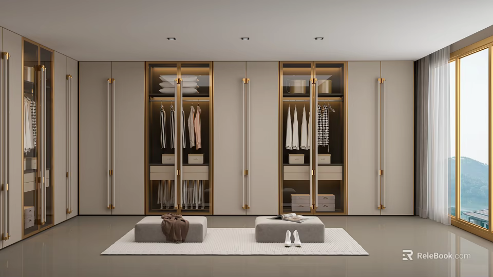 Elegant Modern Wardrobe Doors With Gold Accents And Clothing Storage Inside 3d model 
