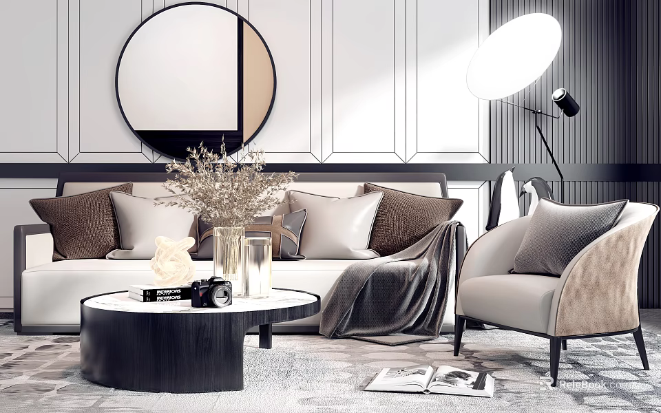 Modern Sofa and Coffee Table Set with Decorative Pillows Round Mirror and Striped Wall 3d model