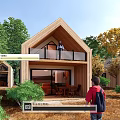 Modern Wooden Cabin With Gabled Roof Balcony And Natural Forest Surroundings