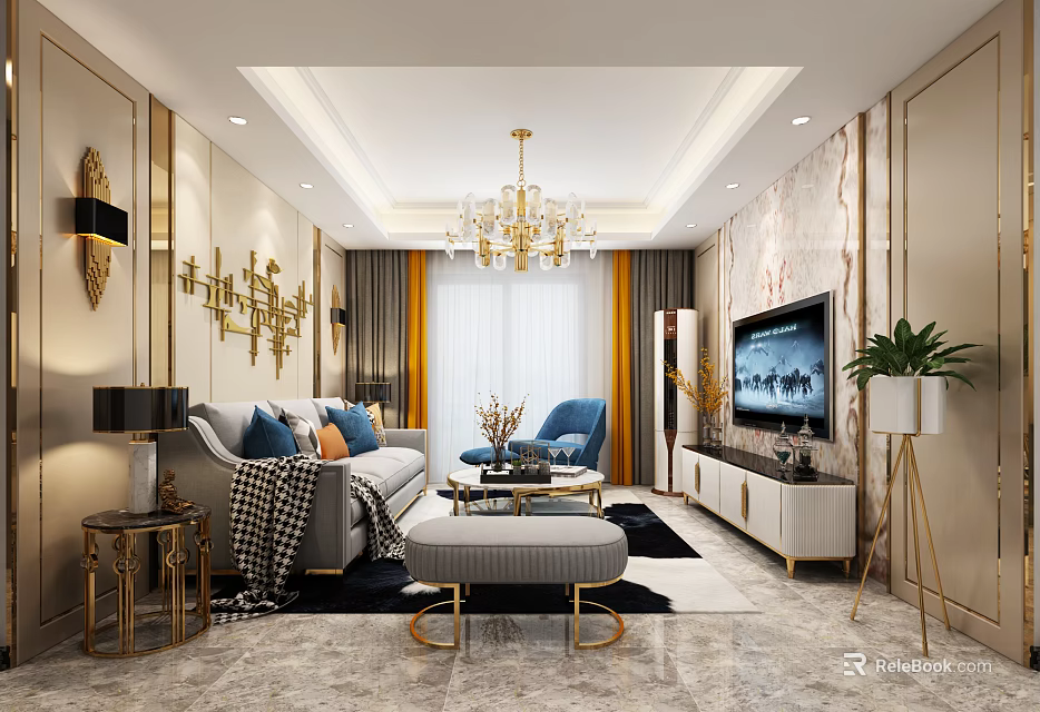 Elegant Modern Living Room Interior With Gray Sofa Crystal Chandelier And Golden Geometric Decor 3d model 