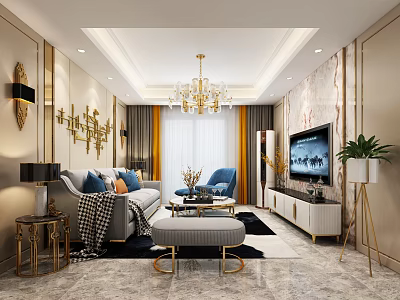 Elegant Modern Living Room Interior With Gray Sofa Crystal Chandelier And Golden Geometric Decor 3d model