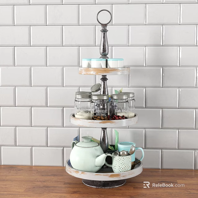Three Tiered Kitchenware Stand With Glass Jars Teapot And Mugs On Brick Wall Background 3d model 