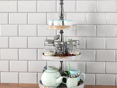 Three Tiered Kitchenware Stand With Glass Jars Teapot And Mugs On Brick Wall Background 3d model