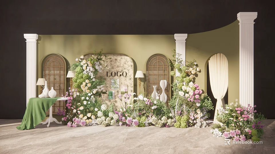 Beautiful Floral Installation With Green Background Wall Arched Doorways White Columns And Decorative Flowers 3d model 