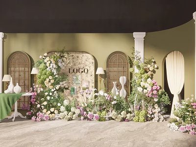Beautiful Floral Installation With Green Background Wall Arched Doorways White Columns And Decorative Flowers 3d model