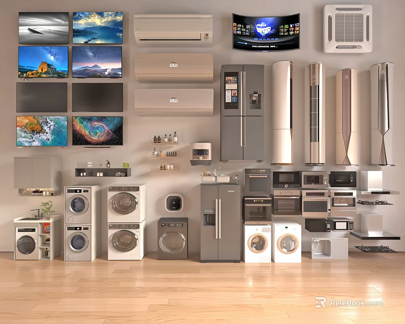 Diverse Home Appliances Display Including TVs Air Conditioners Refrigerators and Washing Machines 3d model 
