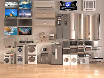 Diverse Home Appliances Display Including TVs Air Conditioners Refrigerators and Washing Machines 3d model
