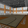 Basketball Court Interior With Polished Wooden Floor Orange Accents Ceiling Lights Windows and Gray Bleachers