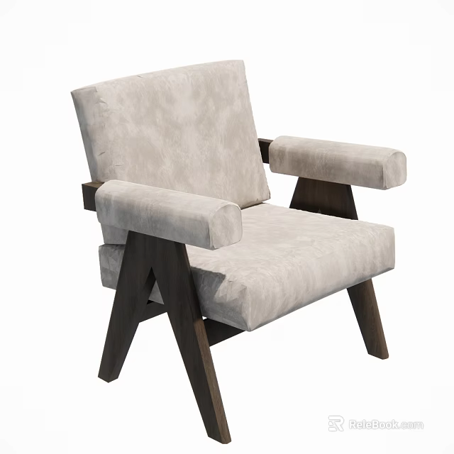 Modern Minimalist Single Sofa With Beige Fabric And Dark Wooden Armrests Legs 3d model 