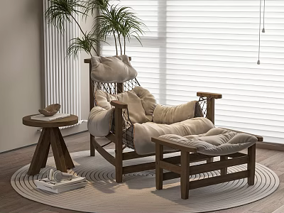 Comfortable Lazy Sofa With Wooden Frame Soft Cushions Ottoman And Round Rug 3d model