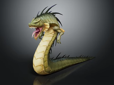 Mythical Dragon Like Creature With Green Scales Open Mouth Sharp Fangs Spines And Serpentine Body 3d model