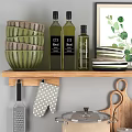 Wooden Kitchen Shelves With Cookware Cutting Boards Jars With Grains Olive Oil Bottles And Utensils