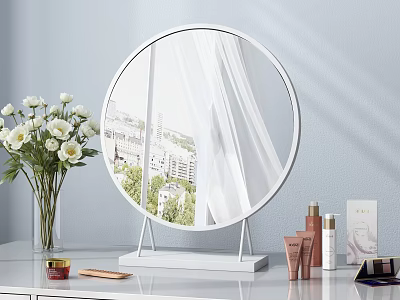 Round Mirror With City View Reflection White Curtain On Vanity Skincare Products And White Flowers 3d model