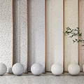 Various Textured Wall Panel Interior Design With Wooden Frames Spherical Decor And Potted Plant