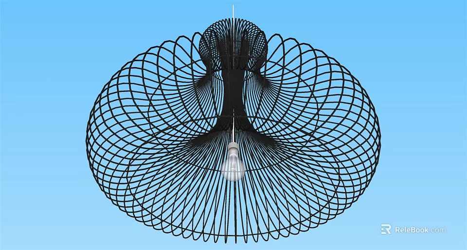 Black Wire Woven Umbrella Shaped Chandelier With Central Light Bulb In Blue Background 3d model 