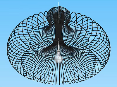 Black Wire Woven Umbrella Shaped Chandelier With Central Light Bulb In Blue Background 3d model