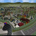 Vibrant Amusement Park With Roller Coaster Water Pool Palm Trees And Cartoon Sculptures