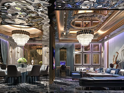 Luxurious KTV Room Interior With Crystal Chandeliers Comfortable Sofas And Marble Floors 3d model