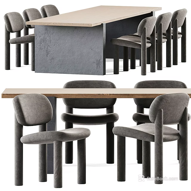 Sleek Rectangular Wooden Dining Table Set With Modern Grey Upholstered Chairs 3d model 