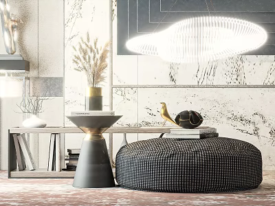 Modern Round Coffee Table With Woven Texture And Turtle Decor In Living Room 3d model