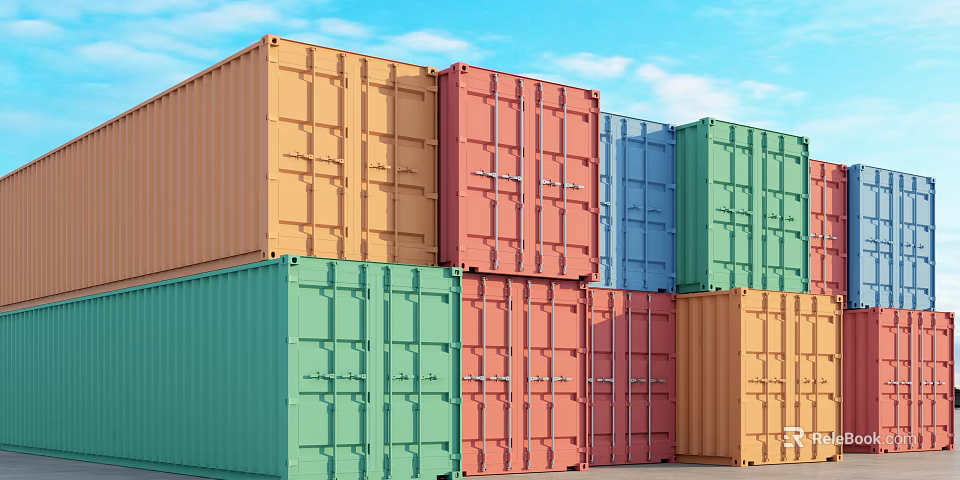 Industrial Equipment Featuring Colorful Shipping Containers Stacked in Yard Under Blue Sky 3d model 