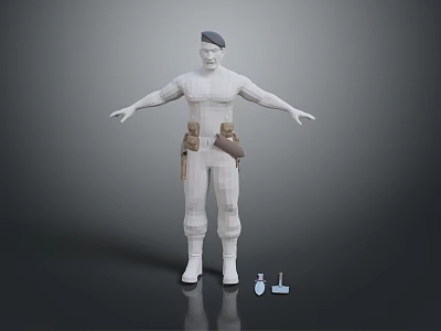 3D Model Man Wearing Beret With Utility Belt Toolbag Arms Outstretched With Tools On Floor 3d model