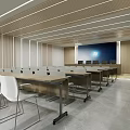 Modern Conference Room Interior With Neatly Arranged White Chairs And Projection Screen