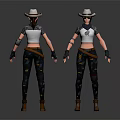 Female Cowboy Character 3D Model Showing Front Back View White Top Black Pants