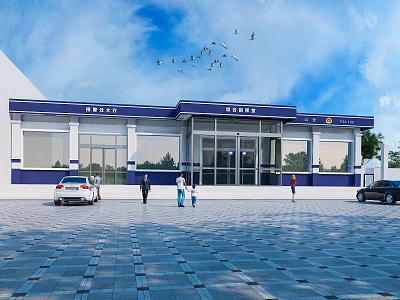 Service Station Exterior Featuring Blue And White Design People At Entrance Vehicles Parked Birds Flying 3d model