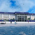 Service Station Exterior Featuring Blue And White Design People At Entrance Vehicles Parked Birds Flying
