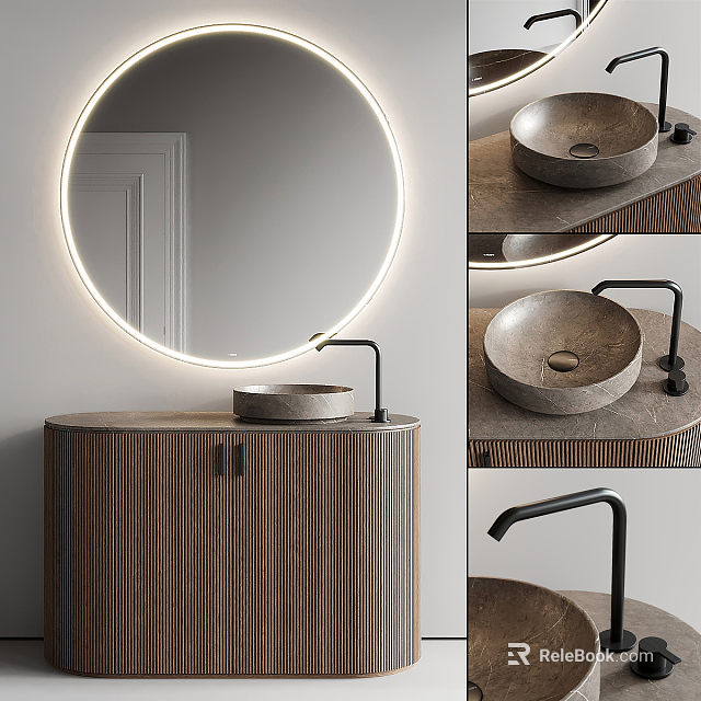 Minimalist Bathroom Washbasin With Round Backlit Mirror Wooden Cabinet And Black Faucet 3d model 