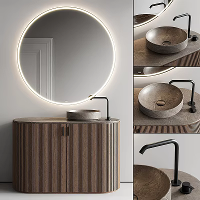 Minimalist Bathroom Washbasin With Round Backlit Mirror Wooden Cabinet And Black Faucet 3d model