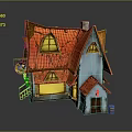 Cartoon House With Red Tiled Roof Blue Walls Yellow Windows Small Signboard And Wooden Barrel