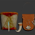 Leather Drum Shaped Case And Handbag With Decorative Ivory Like Ornaments