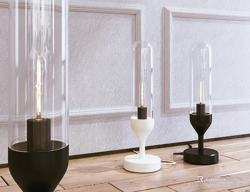 Modern Table Lamps With Transparent Glass Columns Vintage Filament Bulbs And Black White Bases 3d model 