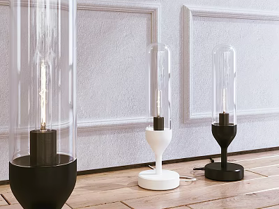 Modern Table Lamps With Transparent Glass Columns Vintage Filament Bulbs And Black White Bases 3d model